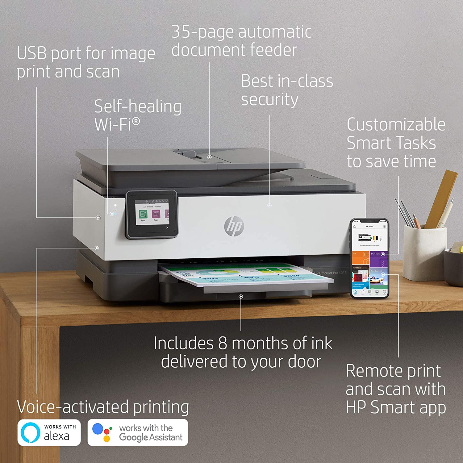 HP OfficeJet Pro 8035 All-in-One Wireless Printer - Includes 8 Months of Ink Delivered to Your Door, Smart Home Office Productivity - Basalt (5LJ23A) HP OfficeJet Pro 8035 All-in-One Wireless Printer - Includes 8 Months of Ink Delivered to Your Door, Smart Home Office Productivity - Basalt (5LJ23A)